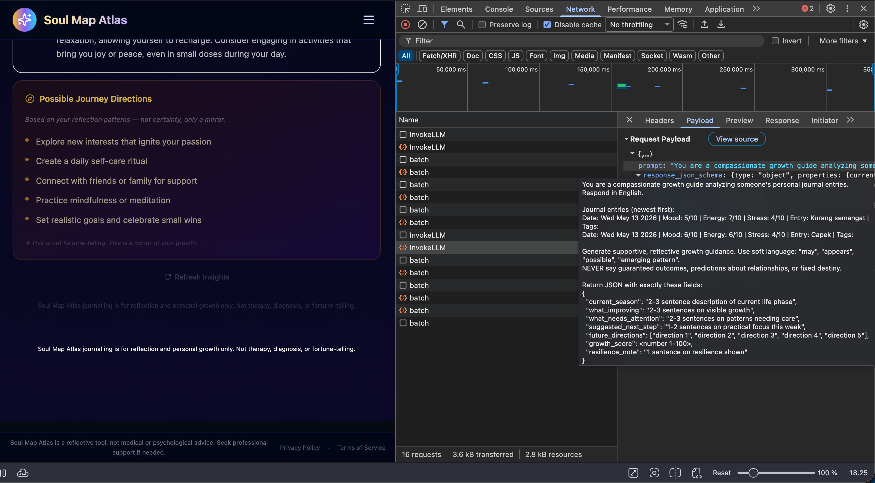 Network tab nampilin payload prompt penuh